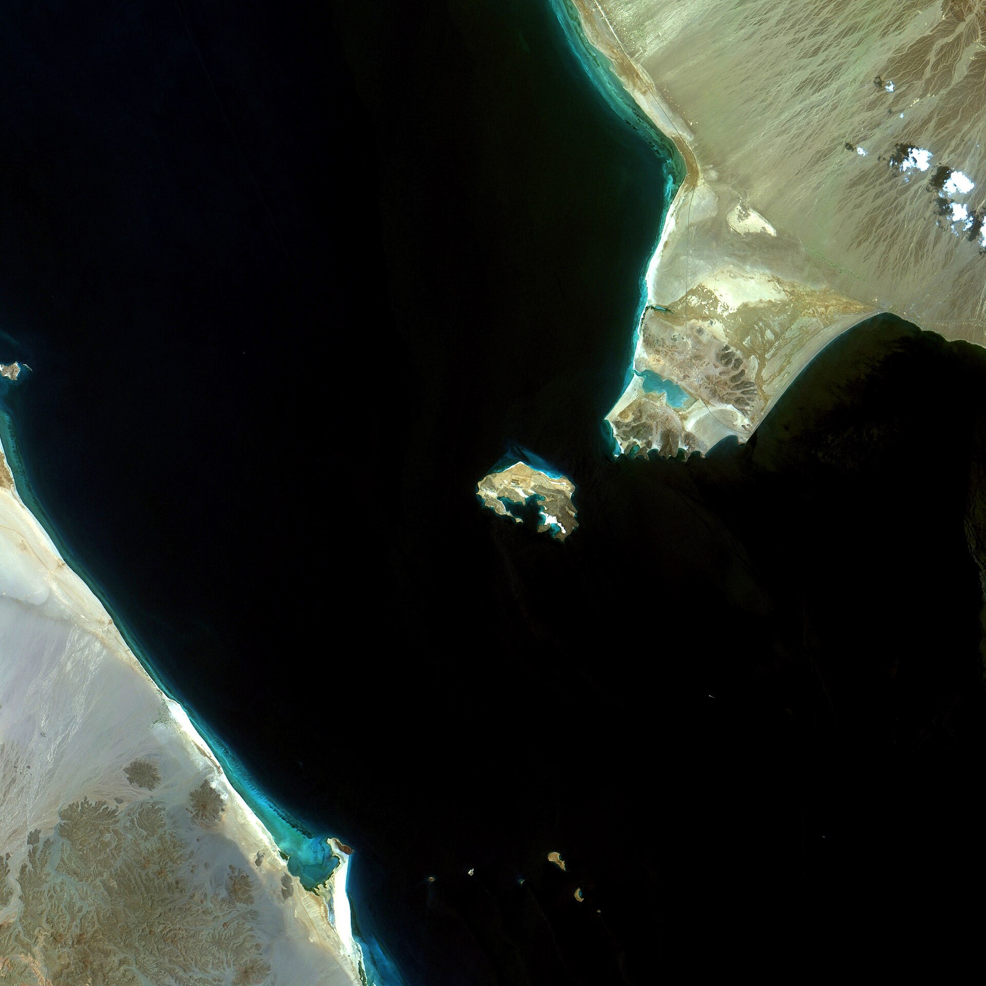 Coordenação-Geral de Observação da Terra/INPE / Wikimedia Commons · CC BY-SA 2.0 The Bab el-Mandeb strait seen from orbit, the Red Sea chokepoint between Africa and Arabia